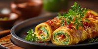 Savory crepe rolls filled with spinach and cheese, garnished with fresh herbs on rustic wooden table. Perfect for breakfast, brunch or healthy meal concepts.