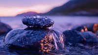 Water droplets on dark stone at sunset, flowing stream creates natural cascade over rocks with purple and orange sky reflection in background.