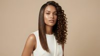 Young African American woman with straight and curly hair styling showcasing dual hairstyle transformation on neutral beige background for beauty salon.