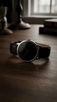 Minimalist wristwatch with black leather strap and silver case displayed on wooden desk in modern interior setting, suitable for fashion and lifestyle marketing.