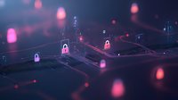 Digital security concept with glowing padlock symbols on dark circuit paths, illuminated by pink and blue lights creating depth and technological atmosphere.