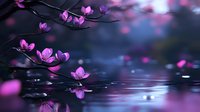 Glowing pink magnolia flowers over calm water surface with reflection, creating dreamy atmosphere in twilight. Soft bokeh and water ripples add magical mood.