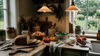 Cozy rustic kitchen scene with fresh vegetables, bread and warm pendant lighting creating homey farmhouse atmosphere for cooking and food content.