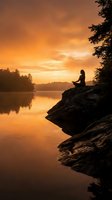 Woman with long dark hair sitting on rocky outcrop overlooking calm lake at golden hour sunset, surrounded by forested shoreline, peaceful meditation and nature contemplation scene.