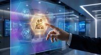 Businessman hand touching digital holographic interface with business analytics icons in modern office environment for corporate technology solutions.