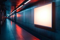 Empty illuminated billboard mockup in underground subway tunnel with dramatic red and blue neon lighting, modern urban corridor with tiled floor and metal walls.