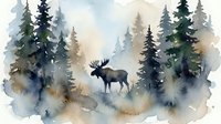 Majestic moose silhouette standing in misty coniferous forest with evergreen trees, watercolor painting style for nature and wildlife themed designs.
