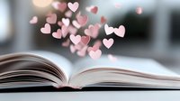 Open book with pink hearts floating above pages against blurred background, romantic literature and storytelling concept for Valentine's Day cards and reading inspiration.