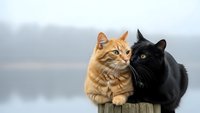 Two domestic cats sitting together on wooden fence post, orange tabby and black cat pair bonding outdoors in natural countryside setting.