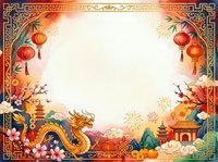 Asian new year celebration frame with golden dragon, red lanterns, pagoda temple, and traditional ornaments on cream background. Perfect for holiday cards and festive designs.