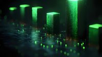 Glowing green light columns emit ethereal beams through dark atmospheric space, creating futuristic sci-fi mood with floating particles and reflective surface.