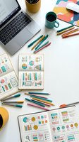 Creative workspace flatlay with open notebooks filled with colorful charts, laptop, pens, and coffee mug on white desk for planning content.
