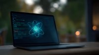 Glowing atomic symbol on laptop screen with programming code in dark environment, bokeh lights in background creating atmospheric tech mood.