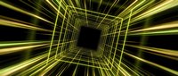 Neon yellow geometric tunnel with glowing lines creating depth and motion effect, suitable for tech backgrounds, digital design, and futuristic visual projects.