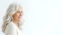 Senior woman with long silver hair in profile against white background, suitable for healthcare, wellness, and aging gracefully concepts.