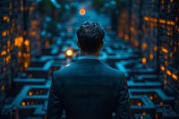 Businessman in dark suit looking at glowing digital network visualization with orange lights against blue technological background. Modern leadership concept.