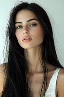 Young woman with long dark hair and natural makeup wearing white tank top against light background, soft studio lighting creates gentle shadows and highlights.