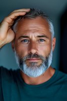 Confident mature Caucasian male with striking blue eyes, silver beard, and stylish gray hair poses against dark background. Professional portrait capturing genuine expression.