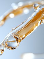 Golden liquid with water droplets in macro photography, showing viscous honey or oil texture with transparent bubbles against light background.