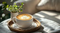 Cappuccino with latte art in white ribbed cup on wooden tray with decorative doily and small green plant, morning sunlight creating cozy atmosphere.