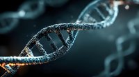 DNA double helix structure with glowing molecular bonds on dark background for genetic research and biotechnology applications.