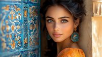 Young Middle Eastern woman with turquoise earrings and orange dress against ornate blue traditional mosaic wall background, natural makeup and dark hair in soft lighting.