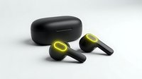 Wireless earbuds with charging case featuring yellow accent rings, isolated on white background for product design, marketing, and technology presentations.