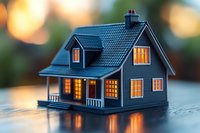 Miniature dark blue house model with glowing windows at dusk, cozy cottage architecture with warm light emanating from inside, creating magical atmosphere on reflective surface.