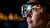 Young woman wearing reflective ski goggles at night with city lights bokeh reflecting in lens, showing urban nightlife scene and modern winter sports fashion.