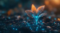 Glowing magical plant sprout emerging from dark soil with sparkles and bokeh lights in blue and orange colors, creating mystical nature atmosphere.