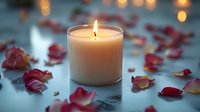 Glowing aromatic candle surrounded by scattered red rose petals on blue surface with soft bokeh lights creating romantic spa atmosphere for wellness and relaxation.