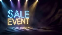 Neon sale event sign glowing in blue and yellow lights on dark stage with colorful spotlights for retail marketing and promotional campaigns.