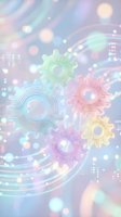 Colorful neon gears in pastel green, blue, pink, and yellow tones arranged on soft blurred background with glowing bokeh lights and flowing digital waves, representing technology, innovation, and automation concepts.