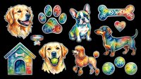 Colorful dog clipart collection featuring golden retrievers, French bulldogs, dachshunds, and poodles with paw prints and toys isolated on transparent background for t-shirt designs, stickers, and print-on-demand products.