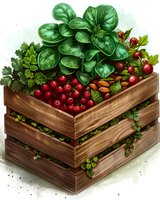 Fresh cranberries and green spinach leaves in wooden crate with parsley garnish. Rustic farm harvest composition on white background, isolated for design.