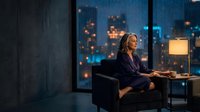 Professional businesswoman relaxing in modern apartment with city skyline view at night, urban lifestyle and work-life balance concept.