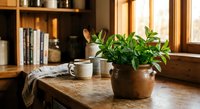 Cozy home interior with green houseplant in ceramic pot on wooden table near window with warm natural light creating peaceful living space atmosphere.