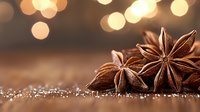 Star anise pods on rustic wooden surface with golden bokeh lights in background, macro food photography with selective focus and warm tones.