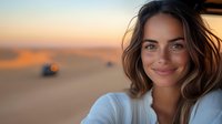 Young woman with radiant smile and wavy brown hair wearing white sweater against blurred desert sunset background with warm golden light and soft bokeh effect.