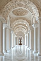 Luxurious white marble corridor with ornate columns and arches leading to decorative door, featuring classical architecture and intricate ceiling details reflected on polished floor.