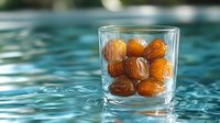 Fresh organic dates in clear glass on blue water background with ripple reflection, healthy natural dried fruit snack for wellness and nutrition.