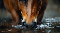 Close-up of brown horse nose and muzzle drinking water with splashes, dramatic lighting and shallow depth of field creates atmospheric nature photography.