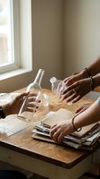 Hands reaching for glass bottles on wooden table near window for upcycling craft project in bright natural light interior space.