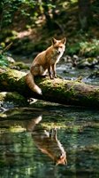 Red fox standing on moss-covered log over forest stream, reflected in calm water. Wildlife and nature photography for editorial and commercial use.