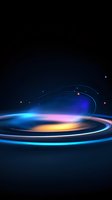 Abstract glowing spiral light trails with blue, pink and orange colors against dark background create futuristic motion effect with floating particles.