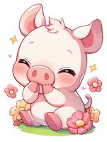 Adorable pink pig character with blushing cheeks sitting among flowers. Kawaii style illustration with sparkles and hearts on white background for children designs.