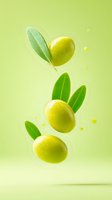 Fresh green olives with leaves floating in air on light green background with water drops, levitation food concept for menu design and advertising.