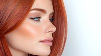 Young Caucasian woman with vibrant red hair and natural makeup in profile view against white background for beauty and skincare concepts.