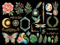 Watercolor botanical and artistic elements collection with isolated pink peony, berries, painting supplies, brushes, ink bottle, compass, decorative frames, butterfly, dragonfly, tropical leaves, and ornamental flourishes on transparent background. Ready for clipart, t-shirt design, stickers, sublimation, and print-on-demand projects.