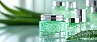 Green transparent gel with silver cap in glass jar on white surface with palm leaf shadow, cosmetic skincare product photography in fresh mint color.